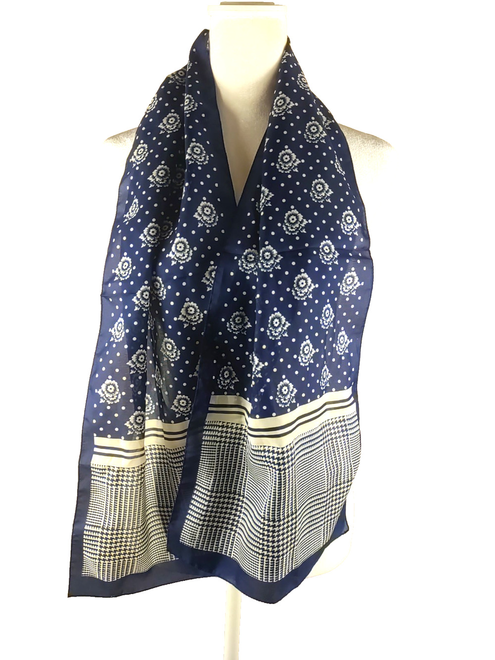 Navy Blue Plaid Floral Rectangle Scarf 54 X 11 Cosplay Y2K